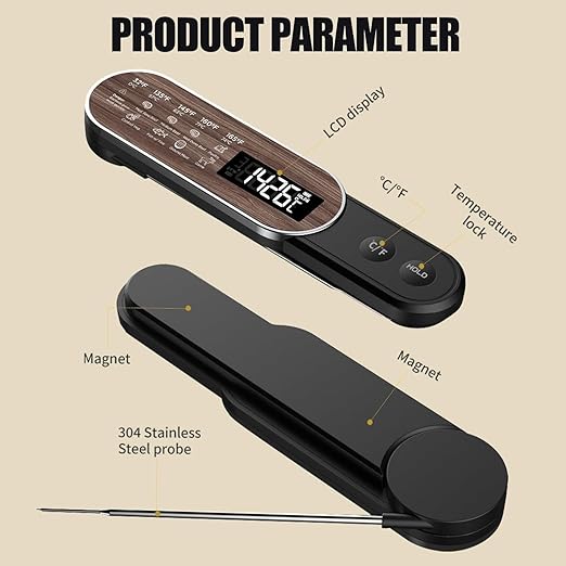Rechargeable Meat Thermometer Digital with Ultra-Fast 0.5 Sec Instant Read, NIST Certified ±0.5°F Accuracy, Auto-Rotating Backlight Display, IP67 Waterproof, Oven Safe for Grill, BBQ, Smoker, Candy