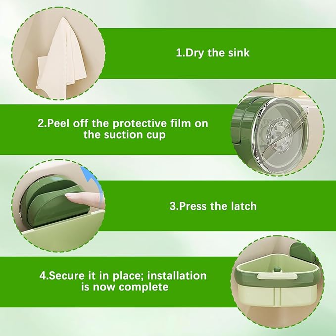 Suction Cup Sink Corner Rack,Sink Strainer Basket,Plastic Sink Storage Rack Holder,Triangle Sink Filter Basket,Corner Sink Trash Catcher for Food Waste (Green)