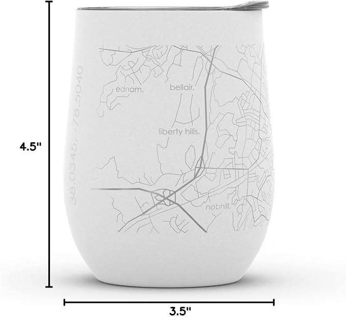 Well Told Engraved Charlottesville Virginia Map Insulated Wine Tumbler, Etched Stainless Steel Wine Tumbler (12 oz, White) City Map Insulated Tumbler, Custom Insulated Tumbler, Outdoor Drinkware