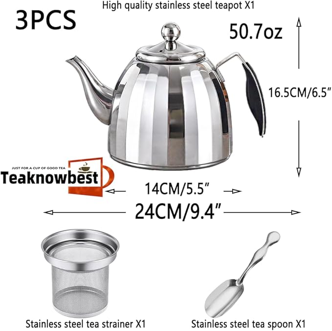 Stainless Steel Tea Pot with Removable Infuser - Loose Leaf Tea Maker, Home & Kitchen Teapot - Medium 50.7oz, Stovetop Safe Teapot for Tea/Coffee, Mirror Finish (1500ml)