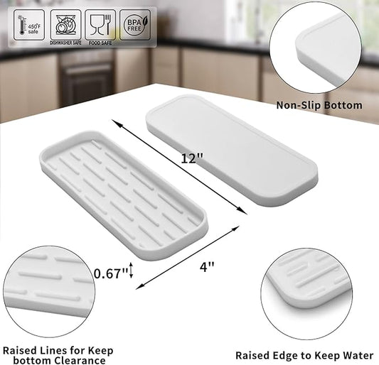 Silicone Kitchen Sink Organizer Tray for Multiple Usage,Eco-Friendly Sponges Holder for Kitchen Bathroom Counter or Sink,Dish Soap Dispenser,Scrubber,Bottle,Cup (White, 12"Γ4")