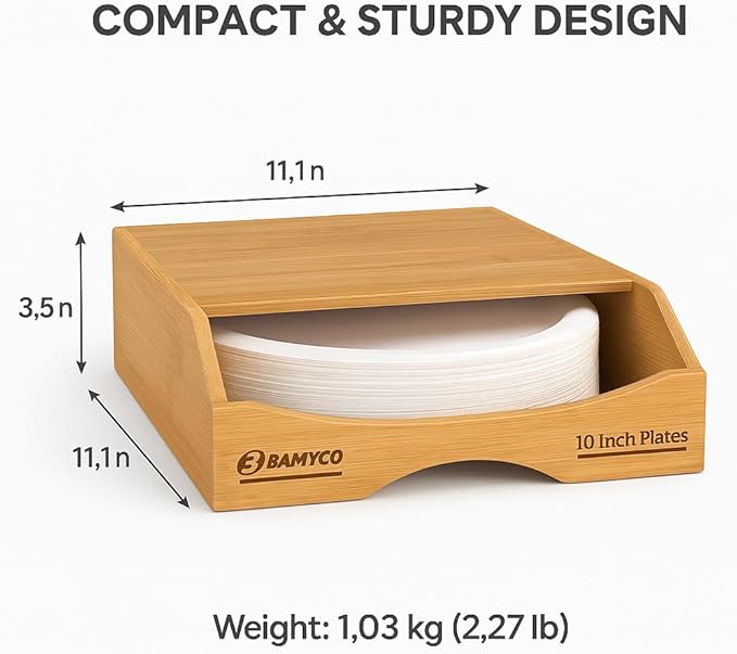 Bamboo Paper Plate Dispenser Under Cabinet for 10 Inch Paper Plates - Plate Organizer for Cabinet – Storage Paper Plate Holders for Kitchen organizer and Plastic Dinner Plates Disposable