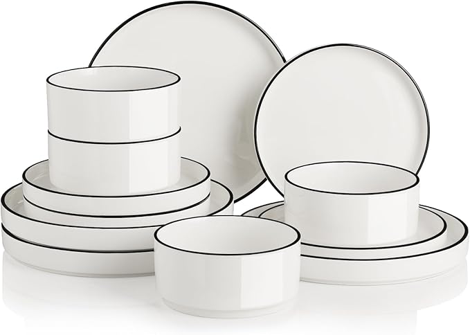 Sweejar Porcelain Dinnerware Sets for 4, 12 Pieces Ceramic Plates and Bowls Set, Classic Modern Simple Kitchen Dinner Dining Ware Set, Dishwasher and Microwave Safe Dishes Sets(Pure White-Black Rim)