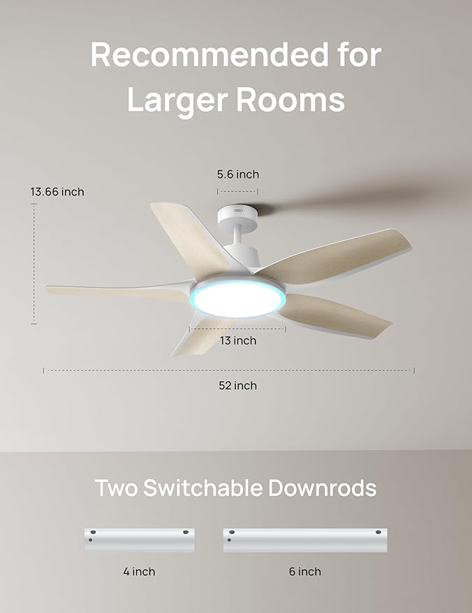 Dreo Smart Ceiling Fans with Lights, Low profile Ceiling Fan with Alexa/App, 52'' Dimmable Lighting & Color Tuning, RGB Ambient Light for Living Room, Game Room, Easy Installation, Quiet, White