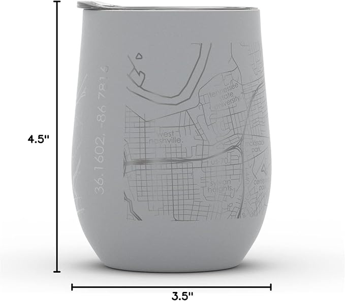 Well Told Engraved Nashville Tennessee Map Insulated Wine Tumbler, Etched Stainless Steel Cup (12 oz, Dockside Gray) City Map Insulated Tumbler, Custom Insulated Tumbler, Outdoor Drinkware