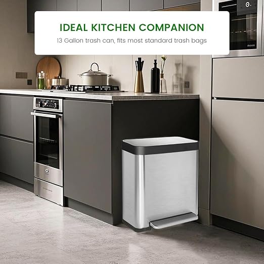 13 Gallon Step Trash Can, Large Capacity Kitchen Garbage Can, Tall Stainless Steel Liner Free Garbage Bin, Rectangular Metal Trash Can with Soft Closed&Stay Open Lid, 50 Liter