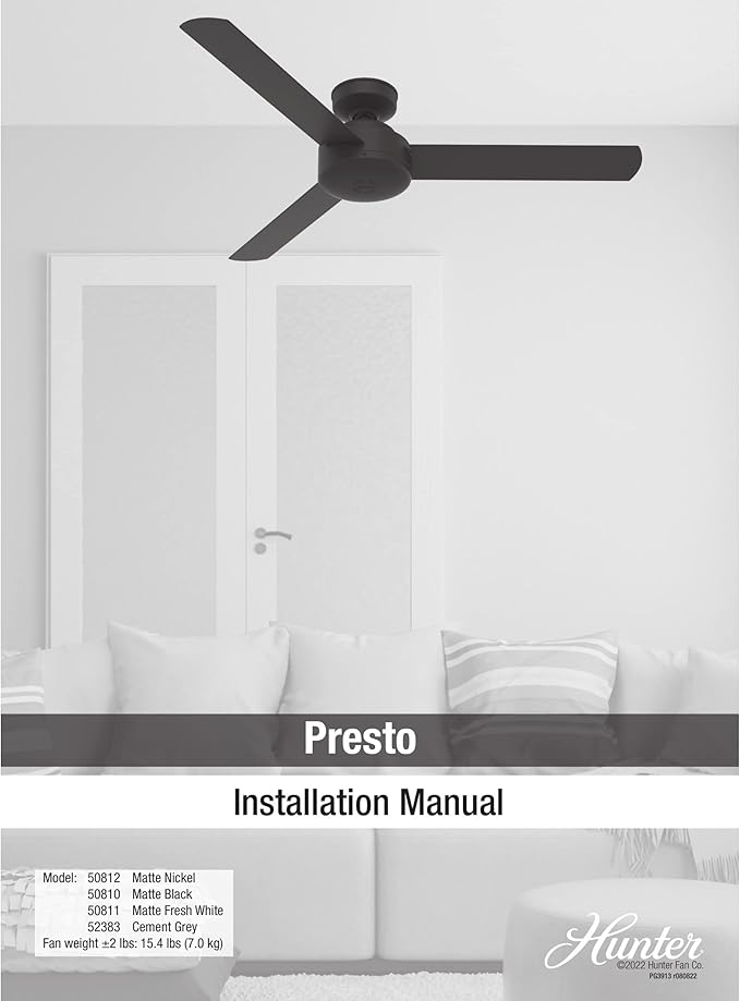 Hunter 52 inch Indoor Ceiling Fan No Light - White Modern Ceiling Fan without Light, 3 Blades, Standard Mount, For Bedroom, Living Room, or Kitchen, Wall Control - Presto 50811, Matte White