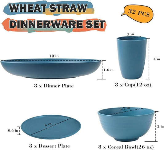 Wheat Straw Dinnerware Sets, 32 PCS Dishes Set for 8, Unbreakable Lightweight Reusable Plates and Bowls Sets for Kitchen Outdoors RV Camping Patio, Dishwasher & Microwave Safe - Blue