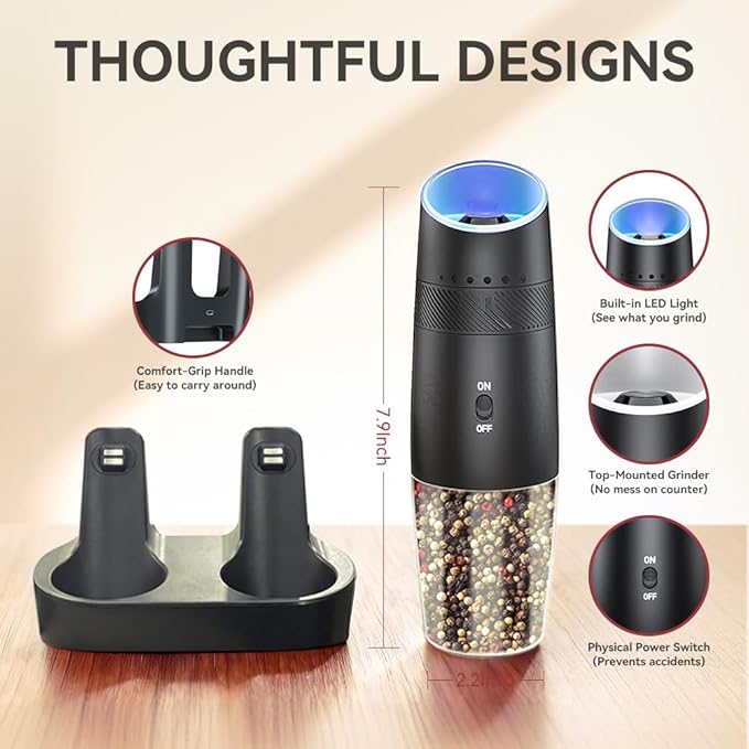 Gravity Electric Salt and Pepper Grinder Set, Automatic Shakers Pepper Mill with Rechargeable Base, External Adjustable Coarseness, LED Light, Easy Refill for Kitchen, Outdoor, Gift Giving(Black)