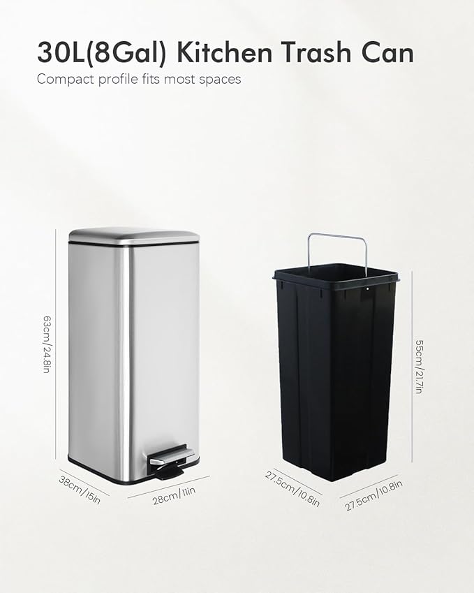 8 Gallon SquareTrash Can with Soft Close Lid, Stainless Steel Trash Can with Removal Inner Bucket, Hand -Free Trash Bin for Kitchen, Office, Laundry, Bathroom, 30 Liter Capacity, Silver
