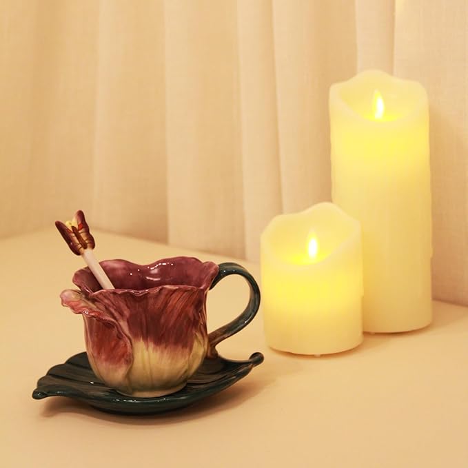 Ceramic Tea Cup and Saucer Set ,6OZ 3D Hand-Painted Flower and Lotus Leaf Coffee Mug,Gift for Women- Purple Tulip