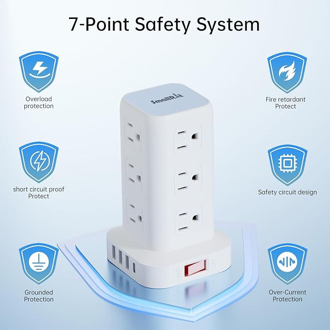 PD20W Power Strip Tower Surge Protector,16.5FT Extension Cord,Power Strip with USB 12 Outlets with 4 USB Ports (1 USB C), Flat Plug Multi Plug Outlet Extender Overload Protection for Home Office
