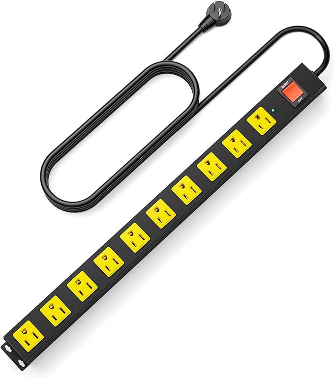 10 Outlet Metal Power Strip with 2100J Surge Protector, Heavy Duty 10FT Extension Cord, Wide Spaced Outlets and Wall Mount for Garage, Workshop, Industrial, Home (10ft)