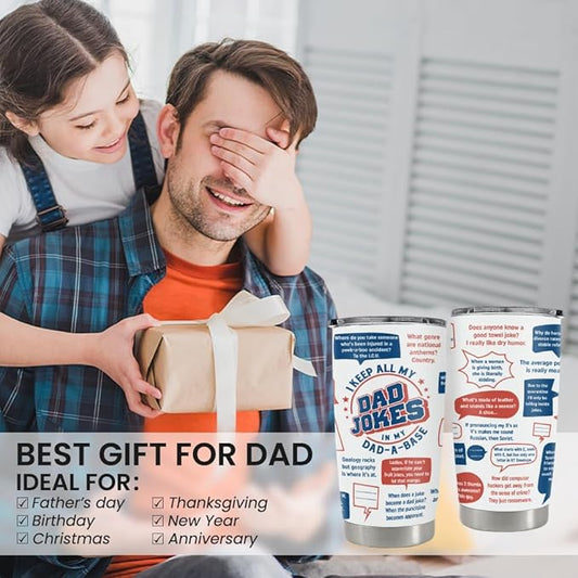SANDJEST Dad Jokes Insulated Tumbler with Lid - 20oz Stainless Steel Mug for Father - Funny Coffee Cup for Travel Sport Office, Gift for Birthday Father’s Day