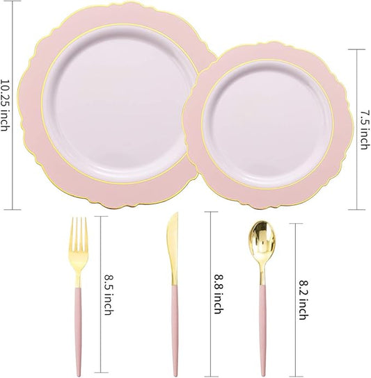 WDF 30Guest Pink Plates Disposable - Hign-end Baroque Design - Gold Plastic Silverware with Handle-Baroque Pink &Gold Plastic Dinnerware for Valentine's Day/Wedding