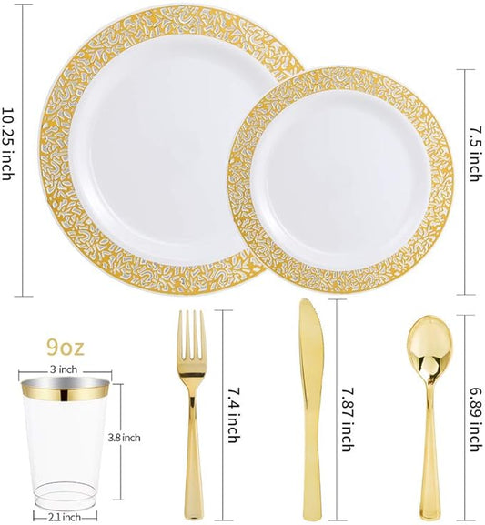 WELLIFE 175 PCS Gold Plastic Plates, Gold Rim Plastic Dinnerware Set, Includes: 25 Dinner plates, 25 Salad Plates, 25 Tumblers 9oz, 50 Forks, 25 Knives and 25 Spoons for Party