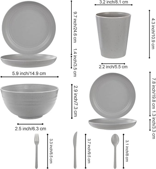 LIYH 28 Pcs Kitchen Plates and Bowls Set, Wheat Straw Dinnerware Sets, Unbreakable Plates and Bowls Sets for 4, Reusable Plate Wheat Straw Dishes Set for Daily & Camping, Light Grey Kitchen Decor