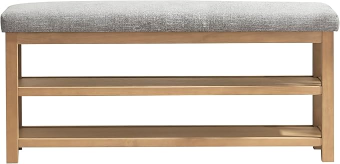 Shoe Rack Bench with Cushion, 2 Tier Solid Wood Storage Bench, Mid-Century Modern Shoe Bench for Entryway, Hallway, Closet, Front Door Entrance, Foyer (Grey, 46.5")
