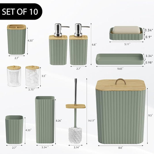 Bathroom Accessories Set - 10PC Bathroom Set, Sage Green Bathroom Set, Bathroom Accessories Set, Toilet Brush, Bathroom Trash Can & Soap Dispenser