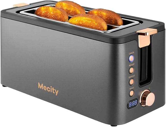 Mecity 4 Slice Toaster, Long Slot Toaster With Warming Rack, Timer, Bagel, Defrost, Reheat Functions, Crumb Tray, 6 Browning Settings, Extra Wide Long Slots, Stainless Steel, 1300W, Grey