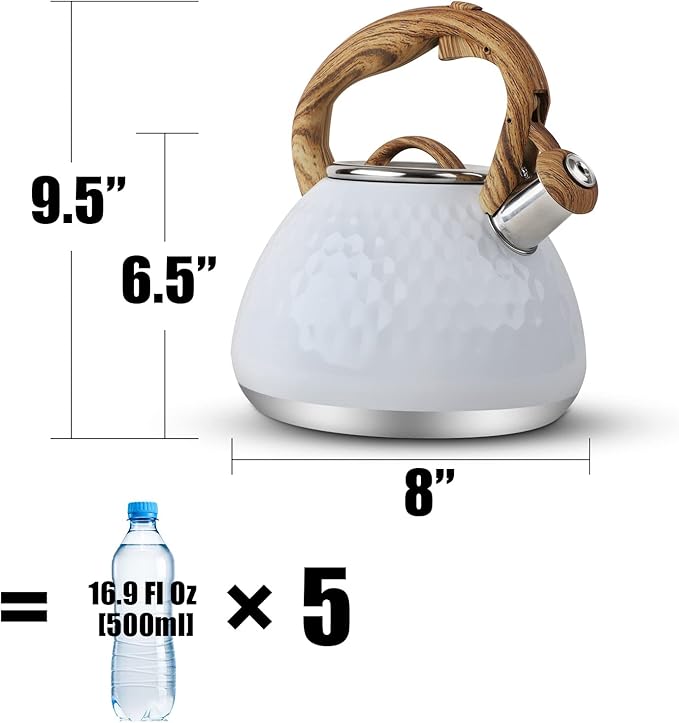 Tea Kettle, Toptier Teapot Whistling Kettle with Wood Pattern Handle Loud Whistle, Food Grade Stainless Steel Tea Pot for Stovetops Induction Diamond Design Water Kettle, 2.7-Quart White