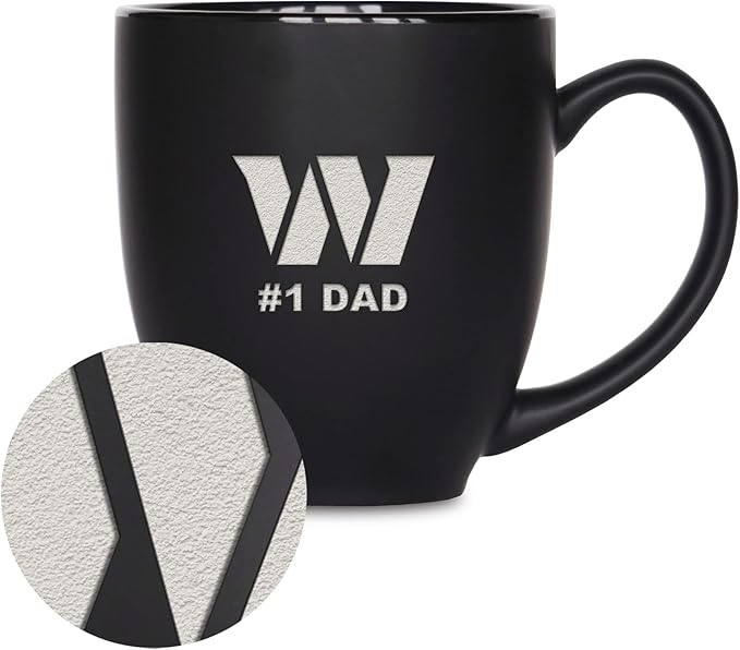 Rico Industries NFL Football #1 Dad 15oz Laser Engraved Matte Black Ceramic Bistro Mug - for Hot or Cold Drinks
