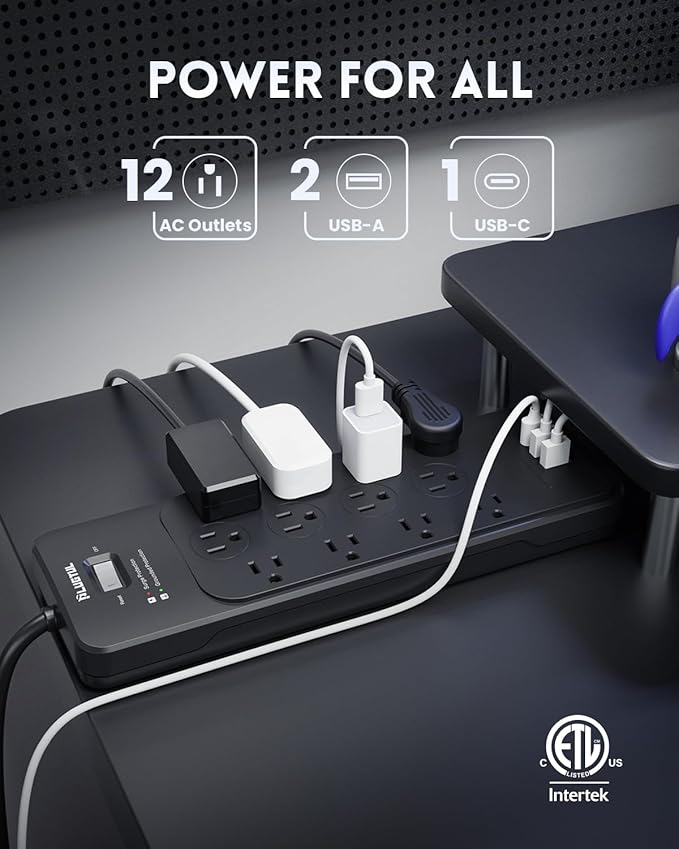 Surge Protector Power Strip 10FT(4080J), PLUGTUL Surge Protector with 12 Outlets - Spacious Design for Large Plugs, Flat Plug, 20W USB C Charging for Home, Office, ETL Listed