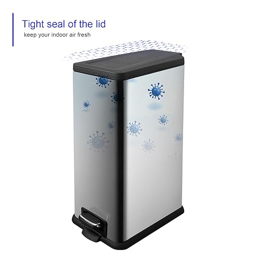 12 Gallon Trash Can, Stainless Steel Trash Can with Fingerprint-Resistant, Removal Inner Buck &Soft Close Plastic Lid, Step Garbage Can for Kitchen and Office, 45 Liter Capacity