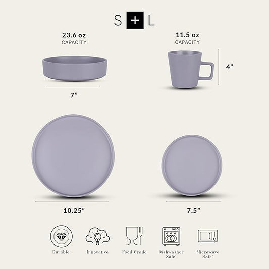 Stone Lain Cleo Stoneware 32-piece Round Dinnerware Set, Light Gray,Service For 8,Coupe - Celina