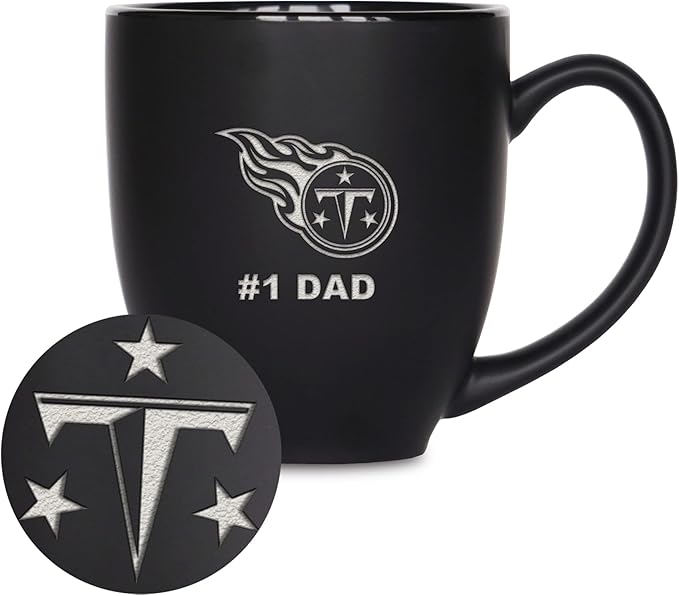 Rico Industries NFL Football #1 Dad 15oz Laser Engraved Matte Black Ceramic Bistro Mug - for Hot or Cold Drinks