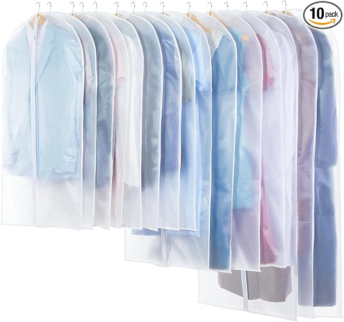 Translucent Garment Bags for Hanging Clothes - Frosted Clothes Storage Bags for Suits, Dresses, Closet Storage - 10 Pack
