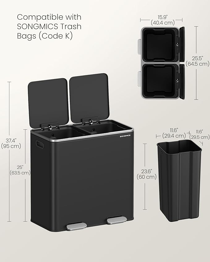 SONGMICS Trash Can, 2 x 10.6 Gallon (2 x 40 L) Garbage Can for Kitchen, with 15 Trash Bags, 2 Compartments, Plastic Inner Buckets and Hinged Lids, Airtight, Black ULTB730B80