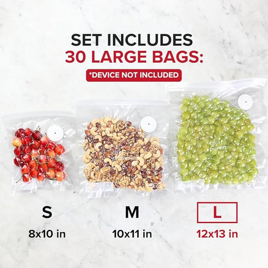 Chef Preserve Reusable Vacuum Sealer Bags for Food β 30 BPA-Free Large (12 x 13 in) Food Storage Bags, Freezer, Microwave β Odor-Resistant, Leak-Proof β Compatible with Chef Preserve Vacuum Sealers
