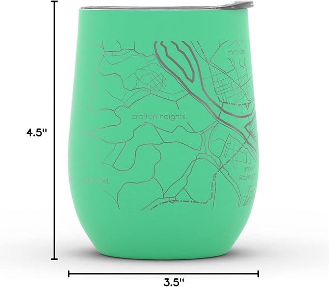 Well Told Engraved Pittsburgh Pennsylvania Map Insulated Wine Tumbler, Etched Stainless Steel Cup (12 oz, Sunday Green) City Map Insulated Tumbler, Custom Insulated Tumbler, Outdoor Drinkware
