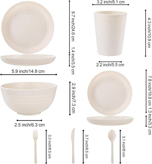 LIYH 28 Pcs Beige Wheat Straw Dinnerware Plates and Bowls Sets, Plastic Plates Reusable, Dinnerware Set for 4, Dish Set for Kitchen & Camping