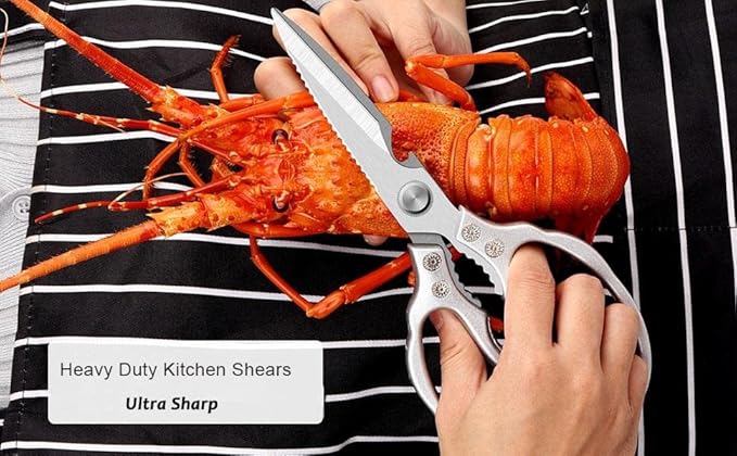 AWinjoy Heavy Duty Sharp Kitchen Scissors, Dishwasher Safe, Cooking Shears for Meat, Chicken, Fish, Poultry, Herb, Bread (Silver)
