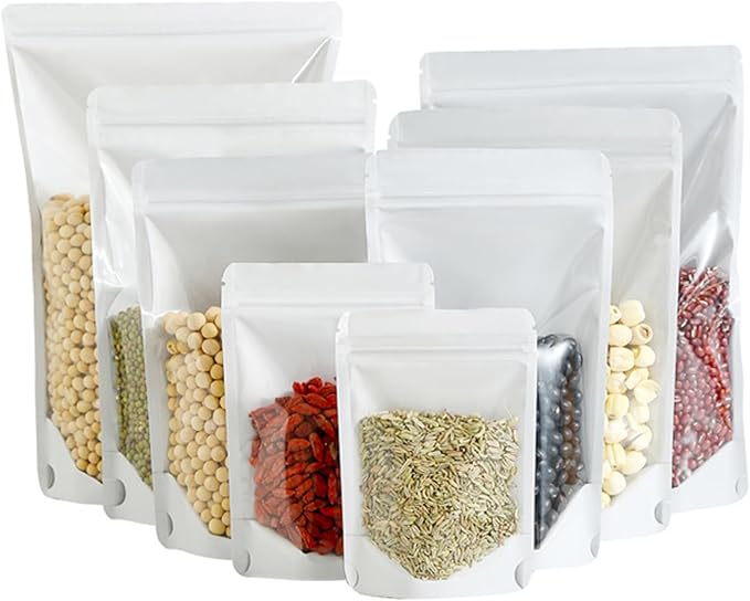150-pack 7" x 10" Stand Up Mylar Bags with Clear Window 1 Quart Large Resealable Foil Pouches for Food Storage Smell Proof Edible Packaging Bag for Cookies and Small Business, Bulk