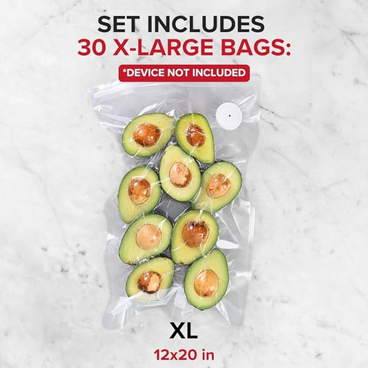 Chef Preserve Reusable Vacuum Sealer Bags for Food β 30 BPA-Free XL Large (12 x 20 in) Food Storage Bags, Freezer, Microwave β Odor-Resistant, Leak-Proof β Compatible with Chef Preserve Vacuum Sealers