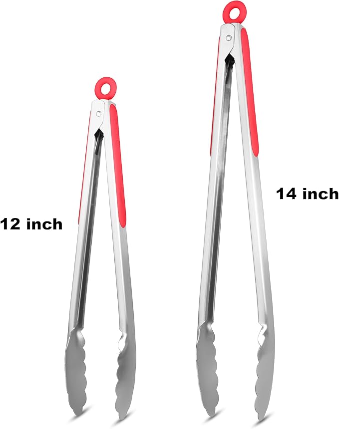 304 Stainless Steel Kitchen Cooking Tongs, 12" and 14" Set of 2 Sturdy Grilling Barbeque Brushed Locking Food Tongs with Ergonomic Grip, Red