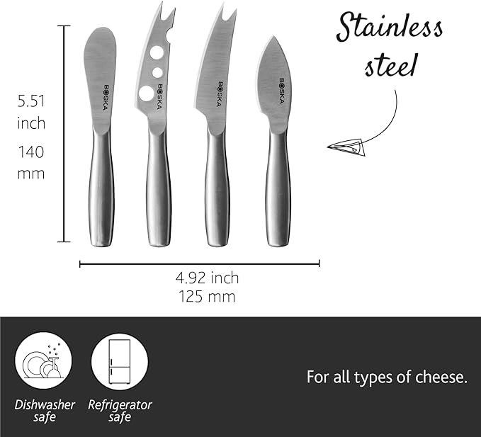 BOSKA Stainless Steel Cheese 4 Knife Set - Mini Copenhagen Knives For All Types of Cheese - Silver Non-Stick - Dishwasher Safe - For Kitchen Cooking
