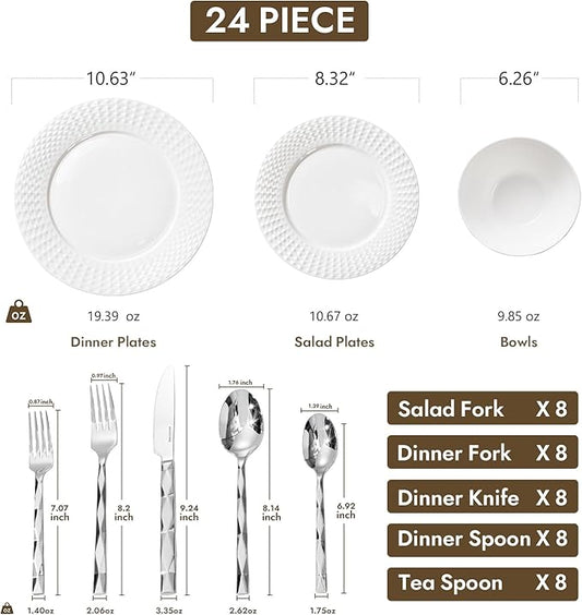 KINGSTONE 24-piece Bone China Dinnerware Set and 40-piece silverware, White Lightweight Porcelain for 8, Plates, Bowls with matching flatware, Microwave and Dishwasher Safe, for Family, Gifting
