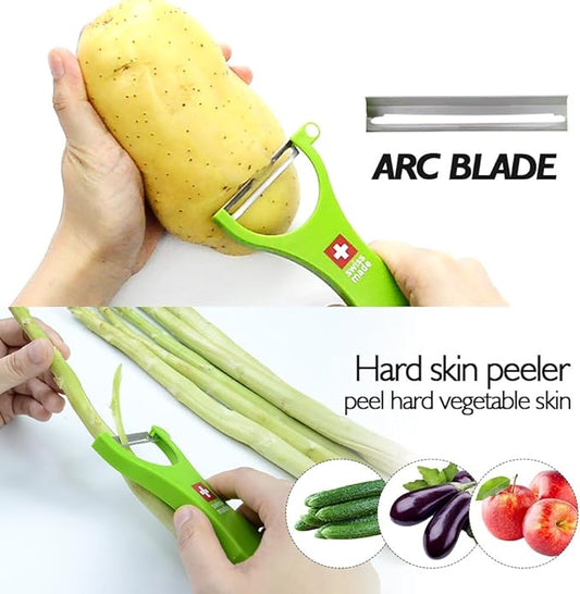 Swiss Peeler Vegetable & Potato Peelers for Kitchen, Original Swiss Made Ergonomic Kitchen Peelers for Effortless Prep - Pack of 3 (Green + Orange + Red)