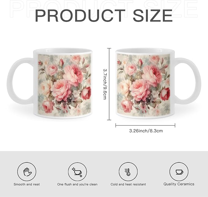 Coffee Mugs Ceramic Latte Mug with Handle Vintage Rose Pattern 11 OZ for Men Women for Latte Cappuccino Cocoa Milk Dishwasher & Microwave Safe