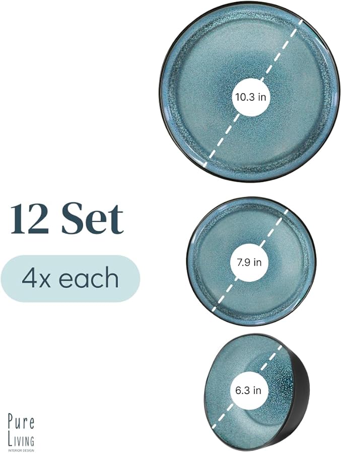 Stoneware dinnerware set 4 persons 12 pcs – Modern style plates and bowls set ceramic – Dishwasher safe and scratch resistant – Bowl and plate set – Dinner service Pure Living black & petrol blue