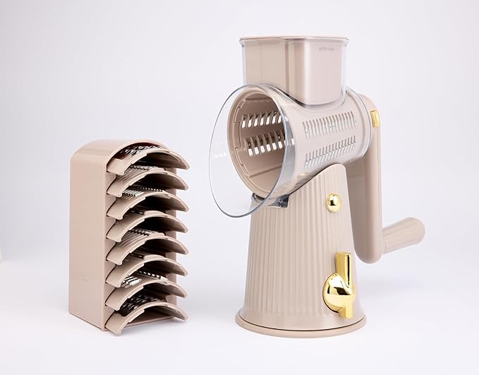 Artesan Rotary Cheese Grater with 5-Blades, Versatile Slicer for Fruits, Vegetables, Cheese - Multifunctional Chopper, Slicer, Grater, Julienne, Dishwasher Safe & Stable, Easy & Safe Meal Prep, Taupe
