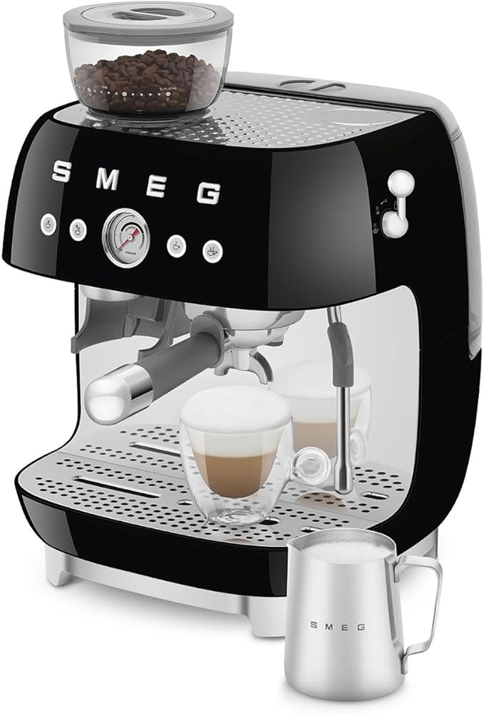Smeg EGF03 Semi-Automatic Espresso Machine with Built-In Grinder, Dual Thermoblock, 50’s Retro Style – Black (120 V)