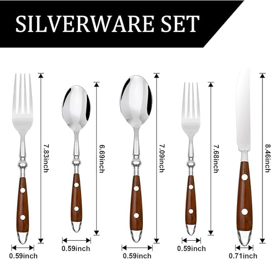 20-Piece Silverware Set Service for 4 with Two Rivets, Vintage Flatware Set, Stainless Steel Cutlery Set with Wood Grain Bakelite Handle,Dishwasher Safe, Light Brown Color