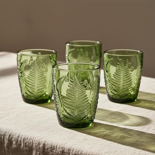 Vintage Drinking Glasses Set Of 4-10 oz Textured Green Glass Cups, Cute Green Glassware for Home & Bar, Retro Style Embossed Drinkware, Unique Decorative Cocktail Cup Sets - Heavy Duty & Durable