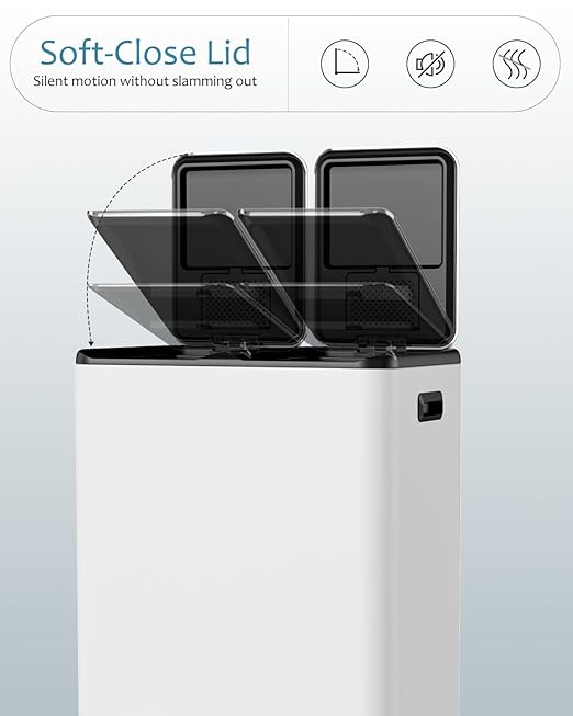 16 Gal (2 x 30 L) Dual Trash Can, Stainless Steel Kitchen Garbage Bin, Recycle Dustbin with Odor Control Box, Soft-Close Lid, Inner Buckets, Side Handle, Step Pedal, for Home Office
