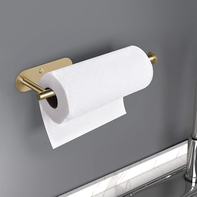 HUFEEOH Adhesive Paper Towel Holder Under Cabinet Wall Mount for Kitchen Paper Towel, Stainless Steel Paper Towel Roll Rack for Bathroom Towel (Gold, Thick)